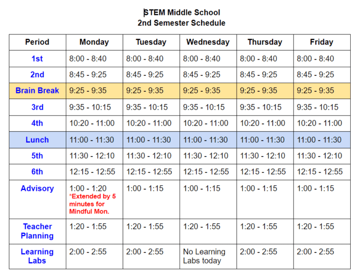 Schedule For Second Semester STEM Middle School