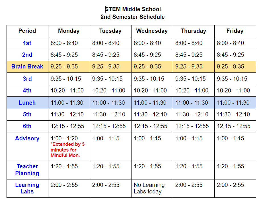 Schedule For Second Semester STEM Middle School